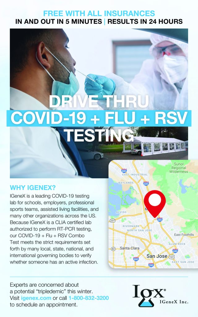 Advertisement for Covid-19 + Flu + RSV testing from iGenX.com